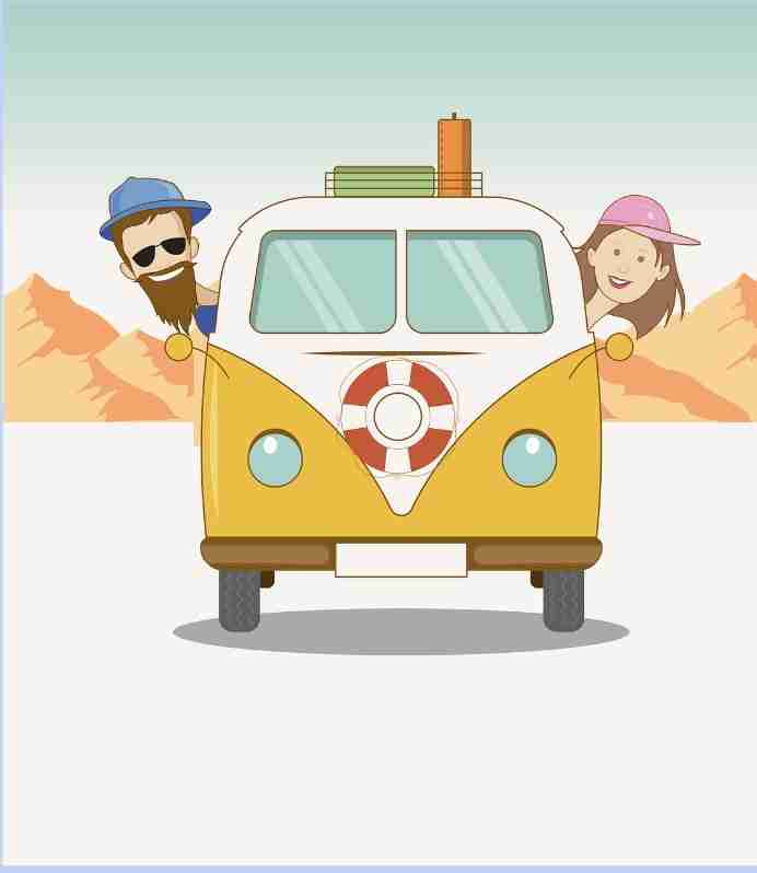 A cartoon of a smiling man and woman with travel gear standing beside a classic yellow and white van in a desert landscape.